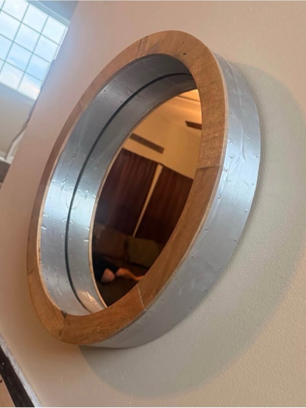 Kirklands Round Wood and Silver Wall Mirror